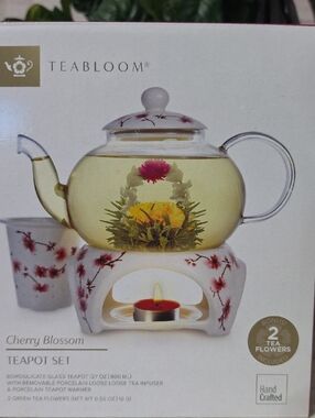 Teabloom NIB Cherry Blossom Glass Teapot Set - White with Pink Floral Accents